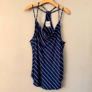 NWT Chaser Halter Cowl Neck Tank Top Navy Bias Stripe XL